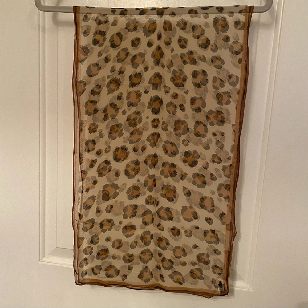 BURMEL SCARF VINTAGE CREAM BROWN BLACK SHEER ANIMAL PRINT HAND ROLLED RECTANGLE